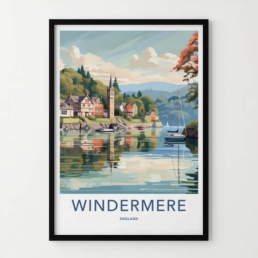 Windermere Poster - England Travel Art - Lakeside Village Scene Home Decor
