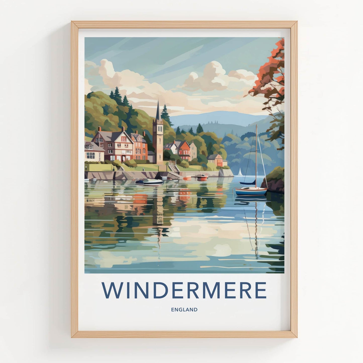 Windermere Poster - England Travel Art - Lakeside Village Scene Home Decor