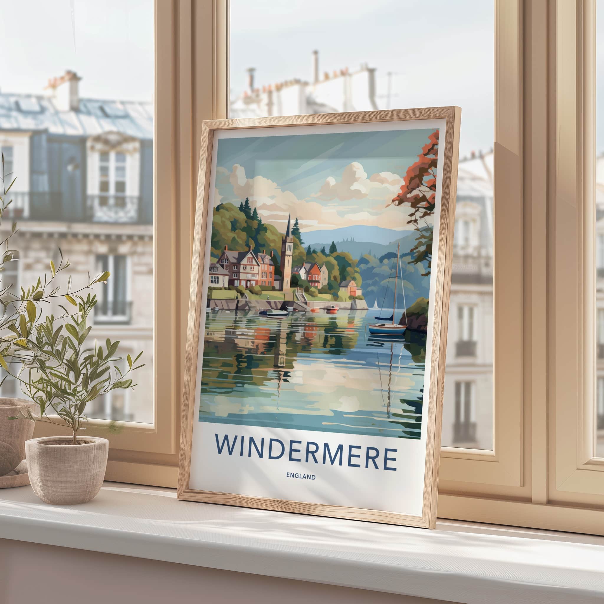 Windermere Poster - England Travel Art - Lakeside Village Scene Home Decor
