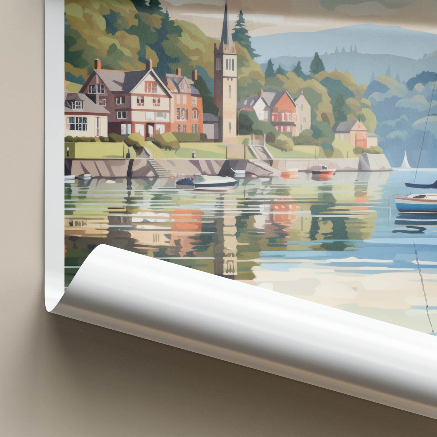 Windermere Poster - England Travel Art - Lakeside Village Scene Home Decor