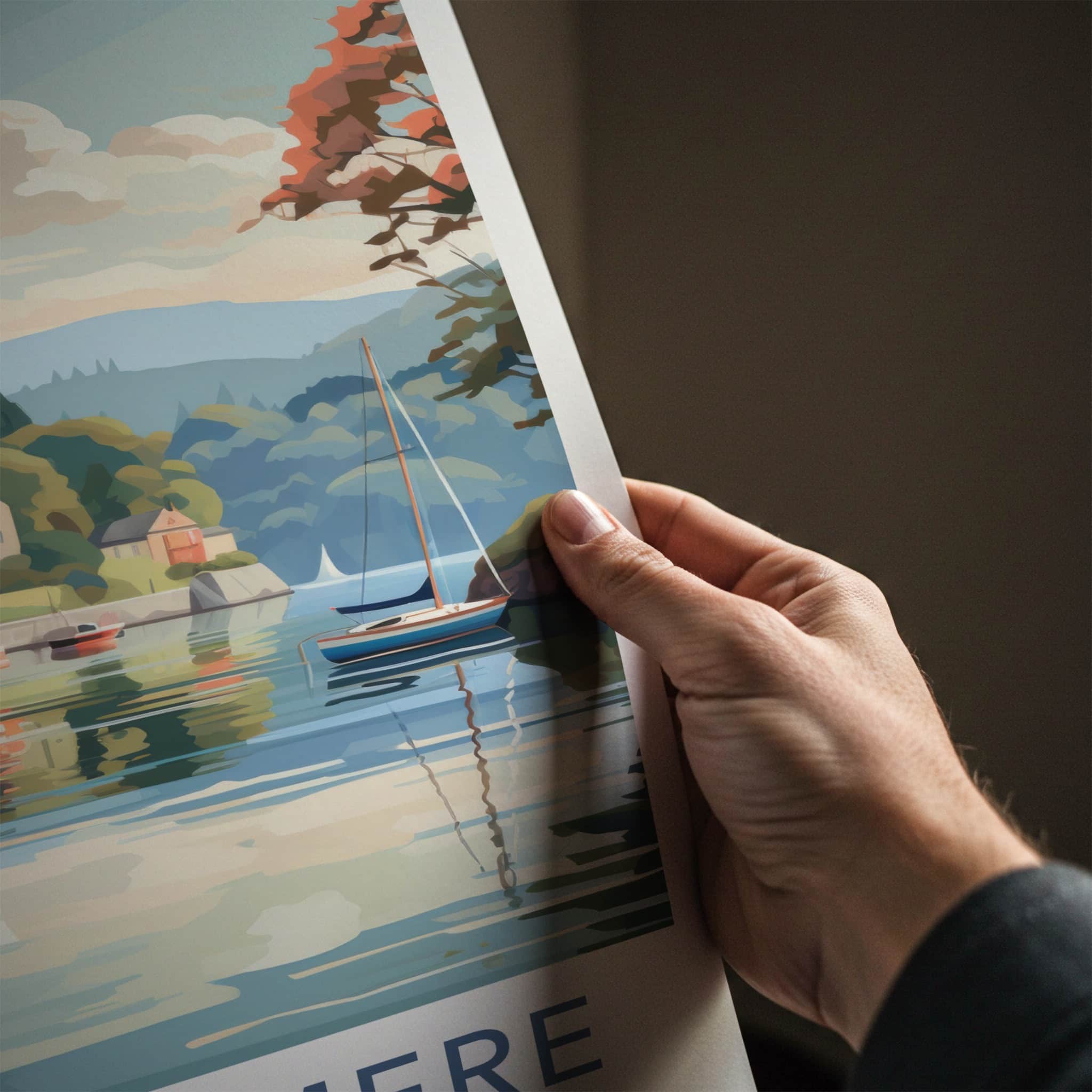 Windermere Poster - England Travel Art - Lakeside Village Scene Home Decor
