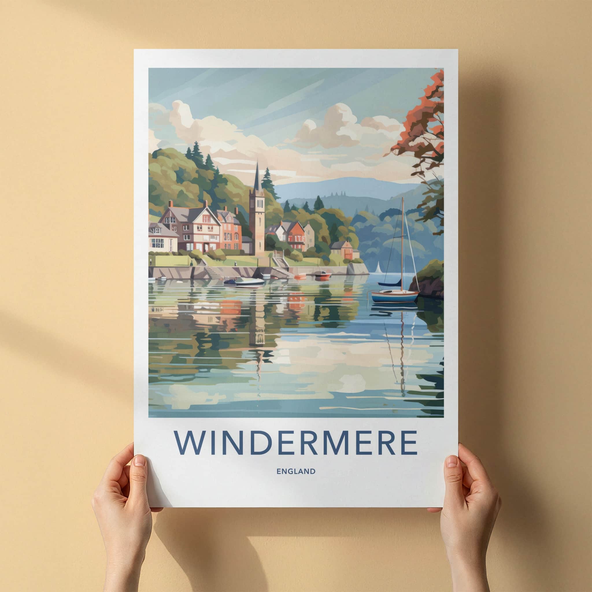 Windermere Poster - England Travel Art - Lakeside Village Scene Home Decor