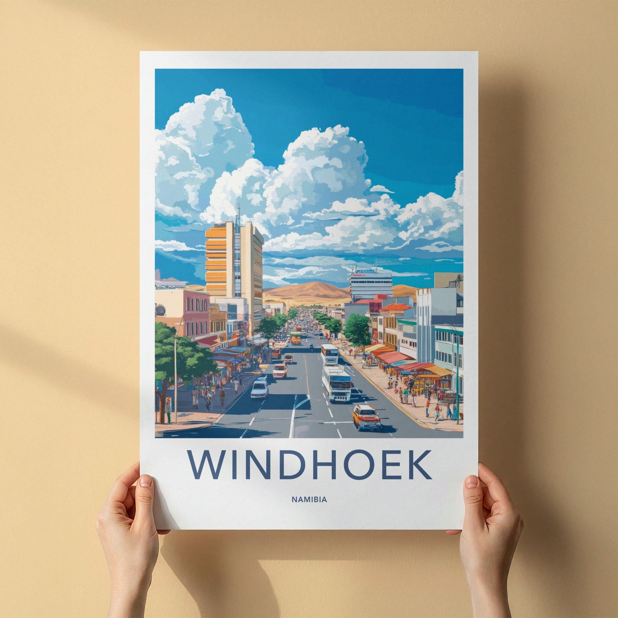 Windhoek Poster - Namibia Art Print - Busy Street Mountain Wall Decor