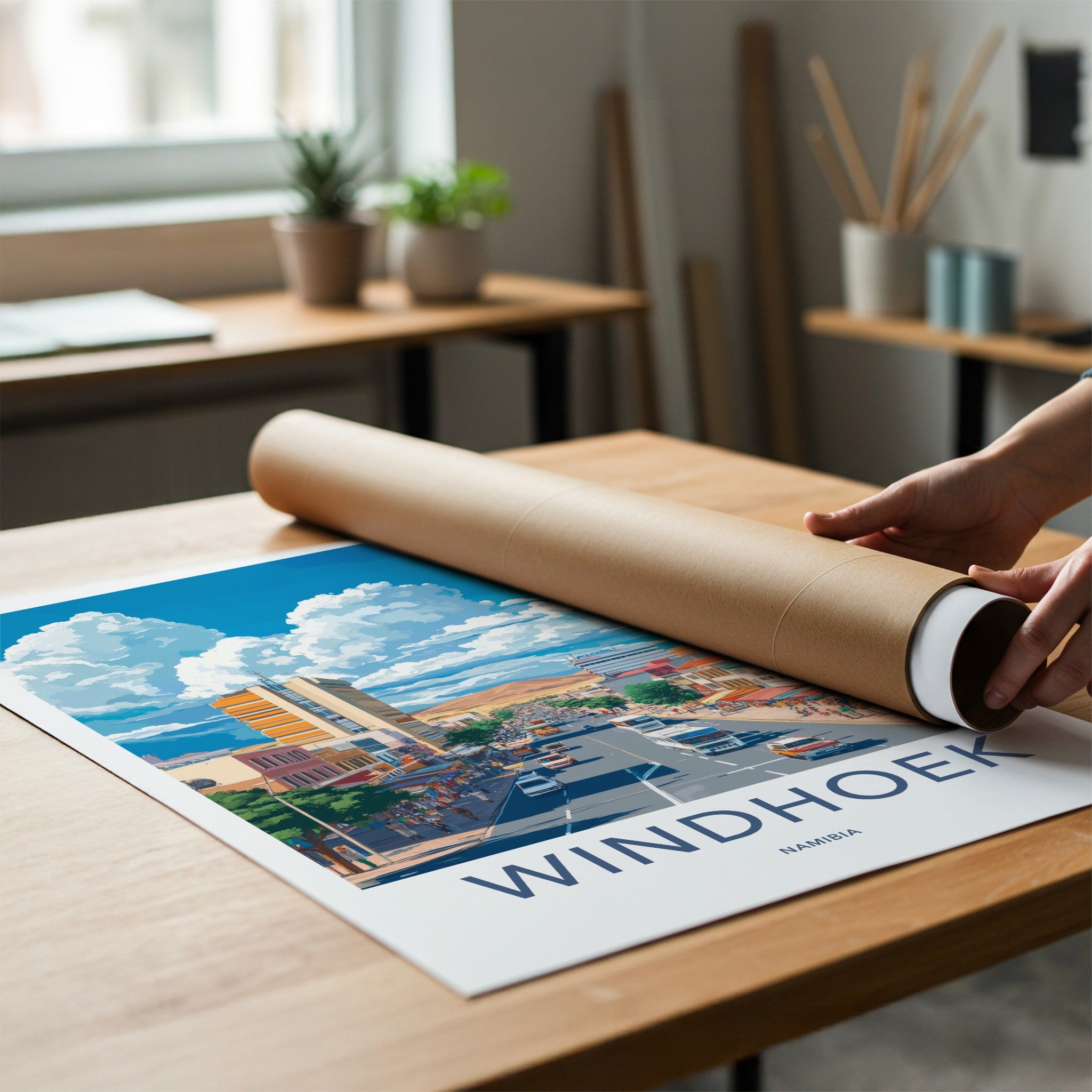 Windhoek Poster - Namibia Art Print - Busy Street Mountain Wall Decor