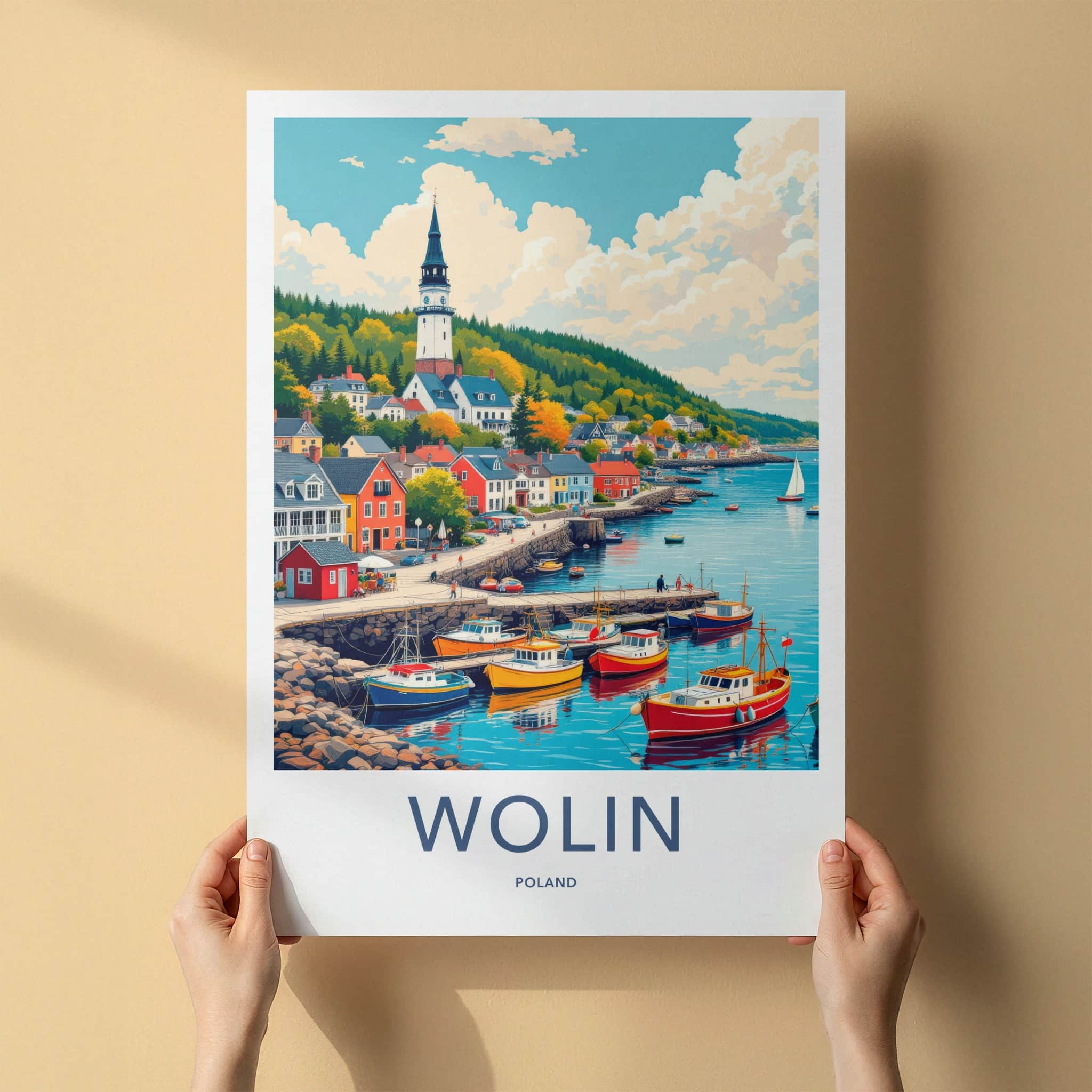 Wolin Poster - Poland Travel Art - Coastal Village Boats Wall Decor