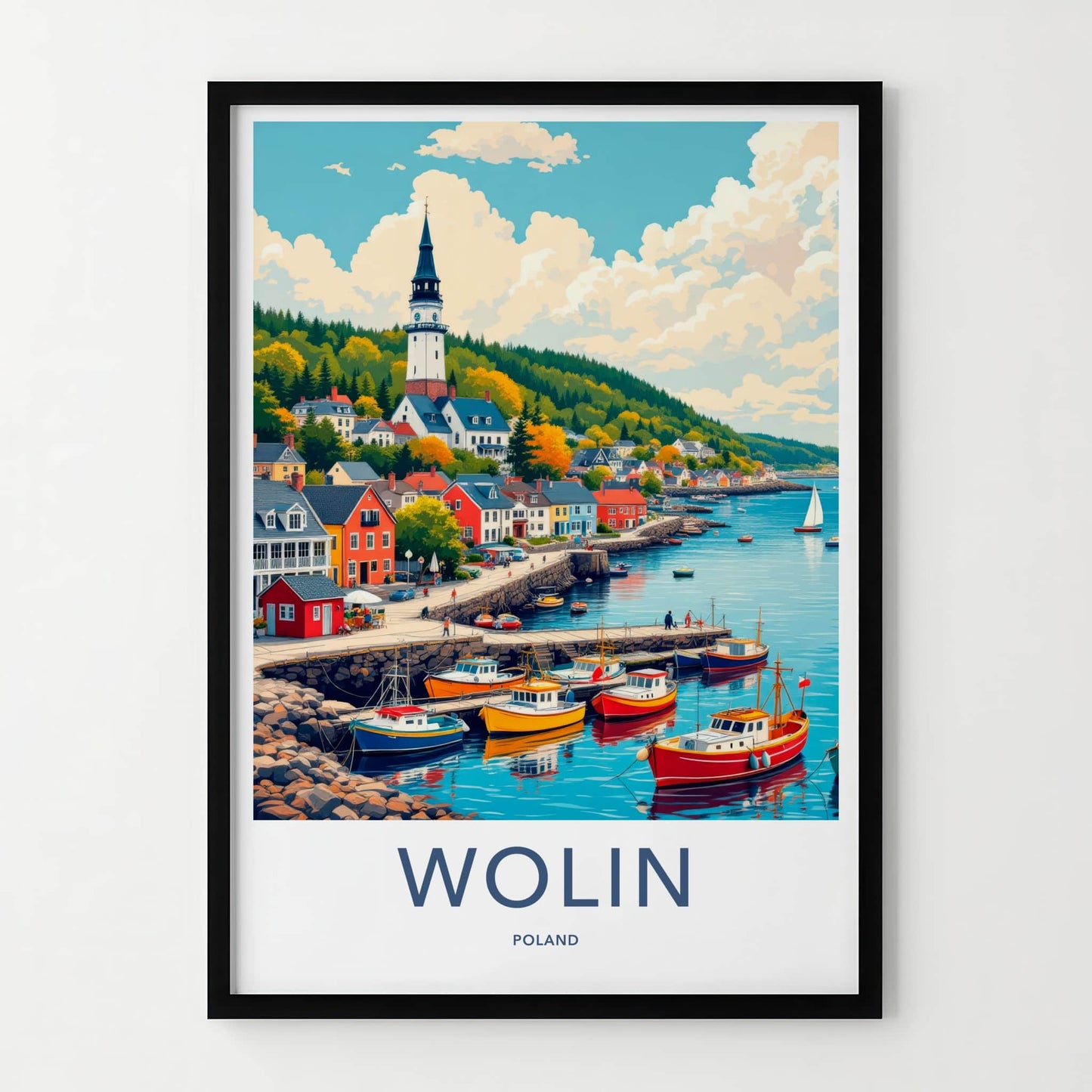 Wolin Poster - Poland Travel Art - Coastal Village Boats Wall Decor