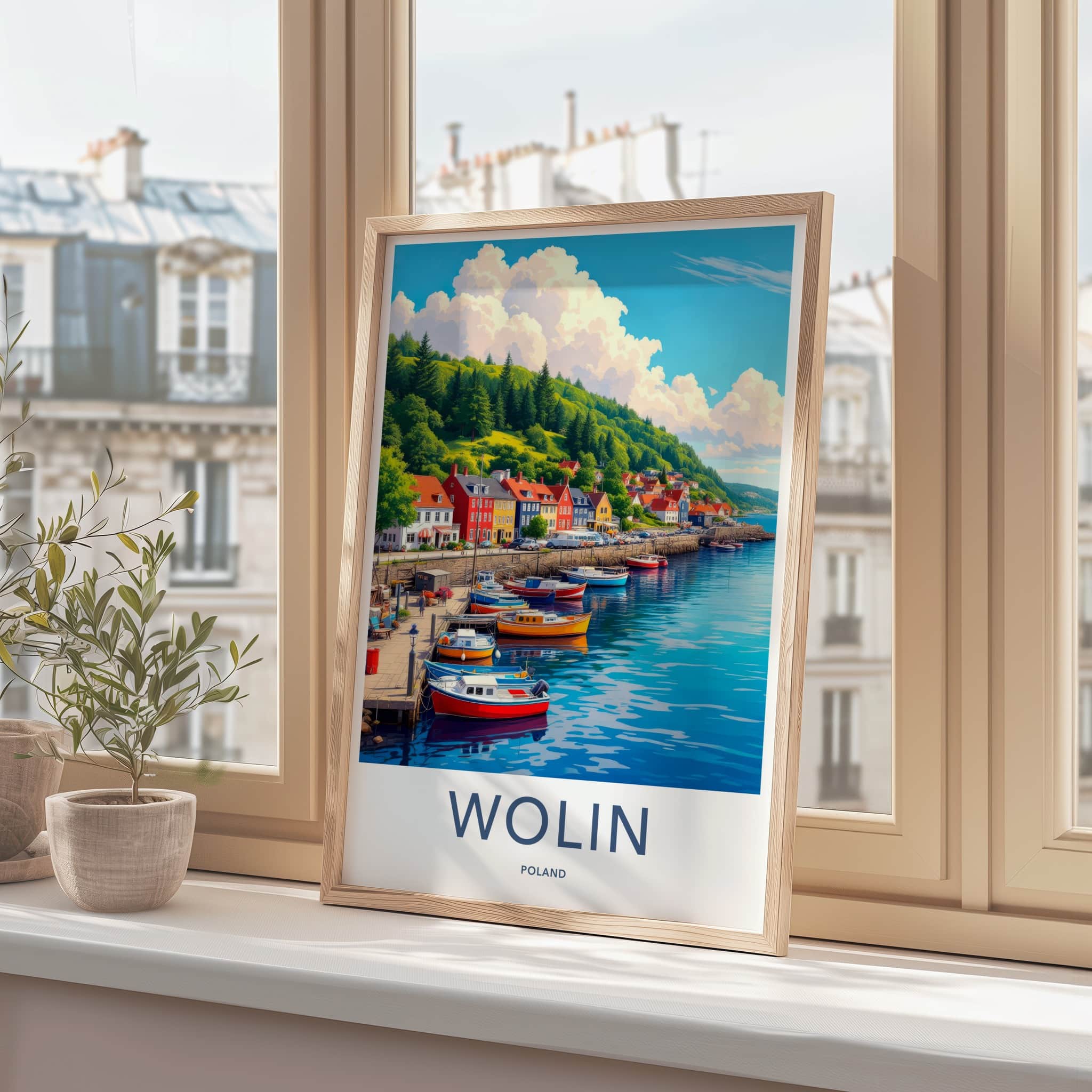 Wolin Poster - Poland Travel Art - Colorful Village Harbor Home Decor