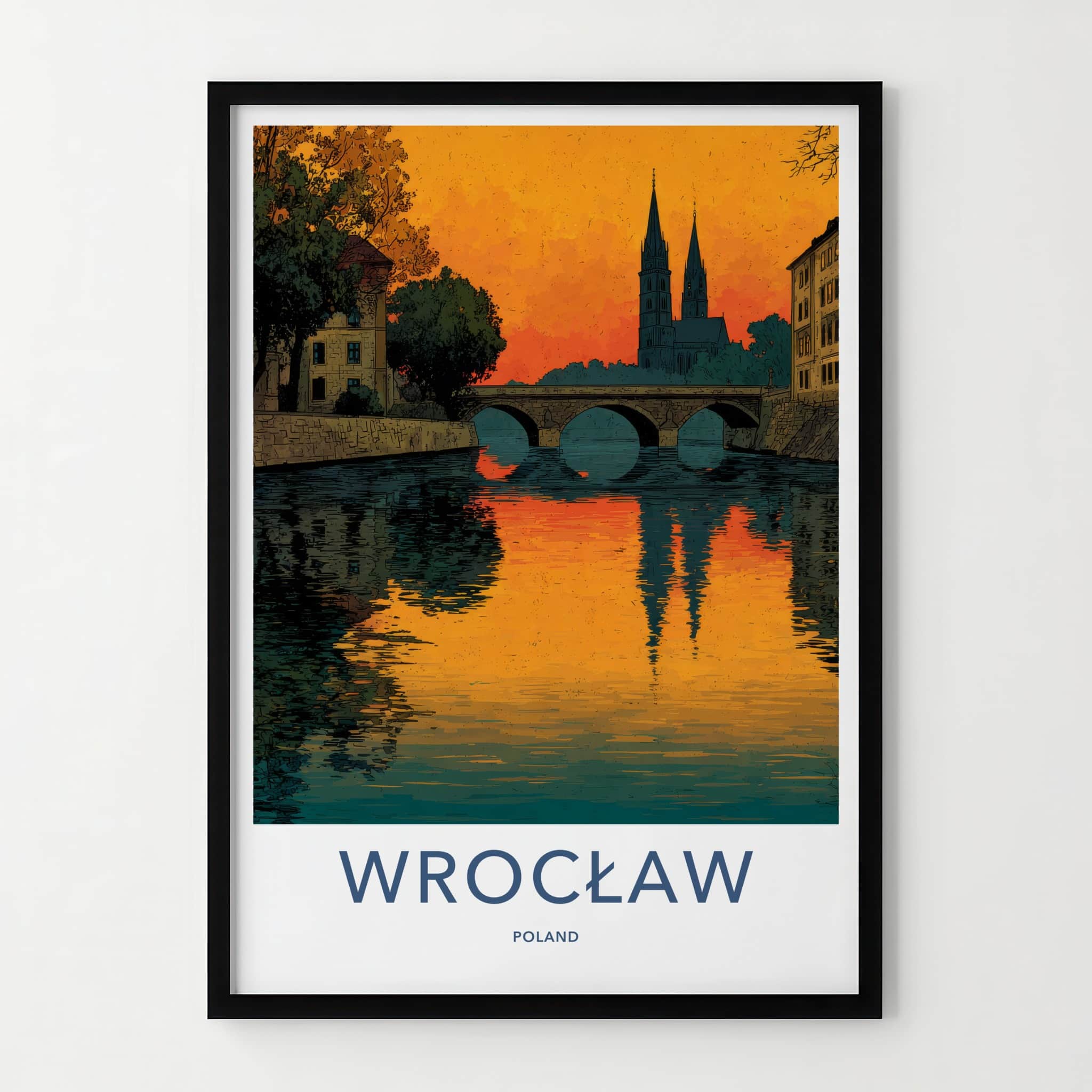 Wroclaw Poster - Poland Travel Art - River Bridge Reflections Home Decor