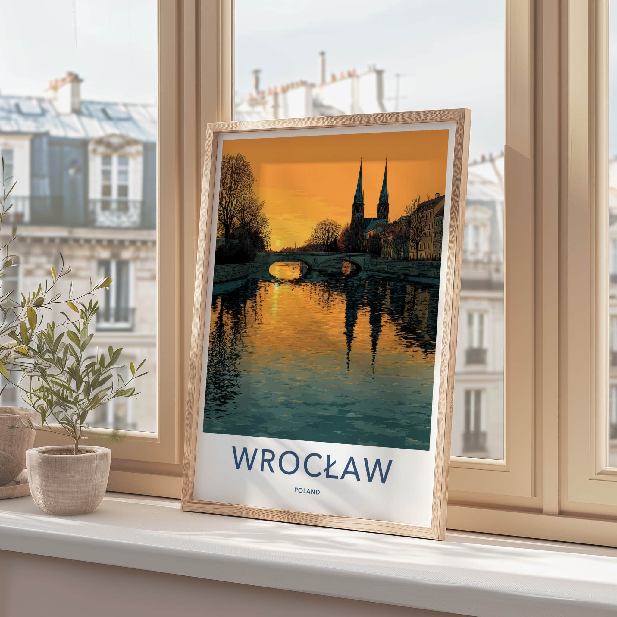 Wroclaw Poster - Poland Travel Art - Sunset River Spires Home Decor