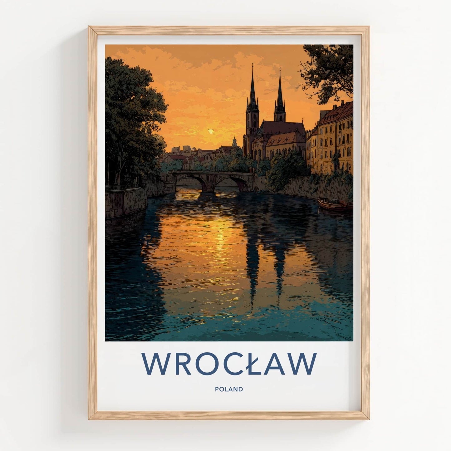 Wroclaw Poster - Poland Travel Print - Sunset River Cathedral Home Decor