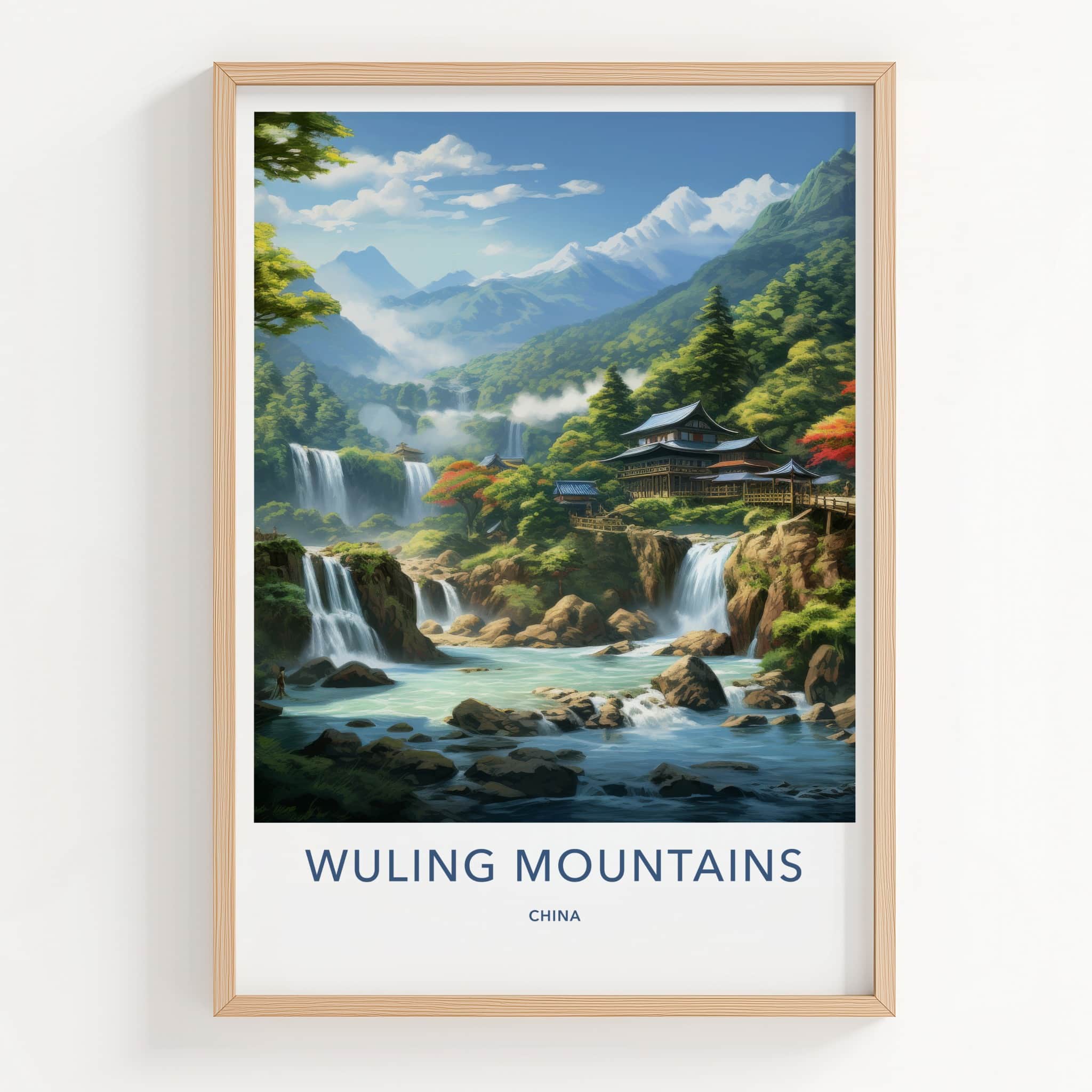 Wuling Mountains Poster - China Travel Art - Mountain Waterfalls Pagoda Home Decor