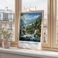 Wuling Mountains Poster - China Travel Art - Mountain Waterfalls Pagoda Home Decor