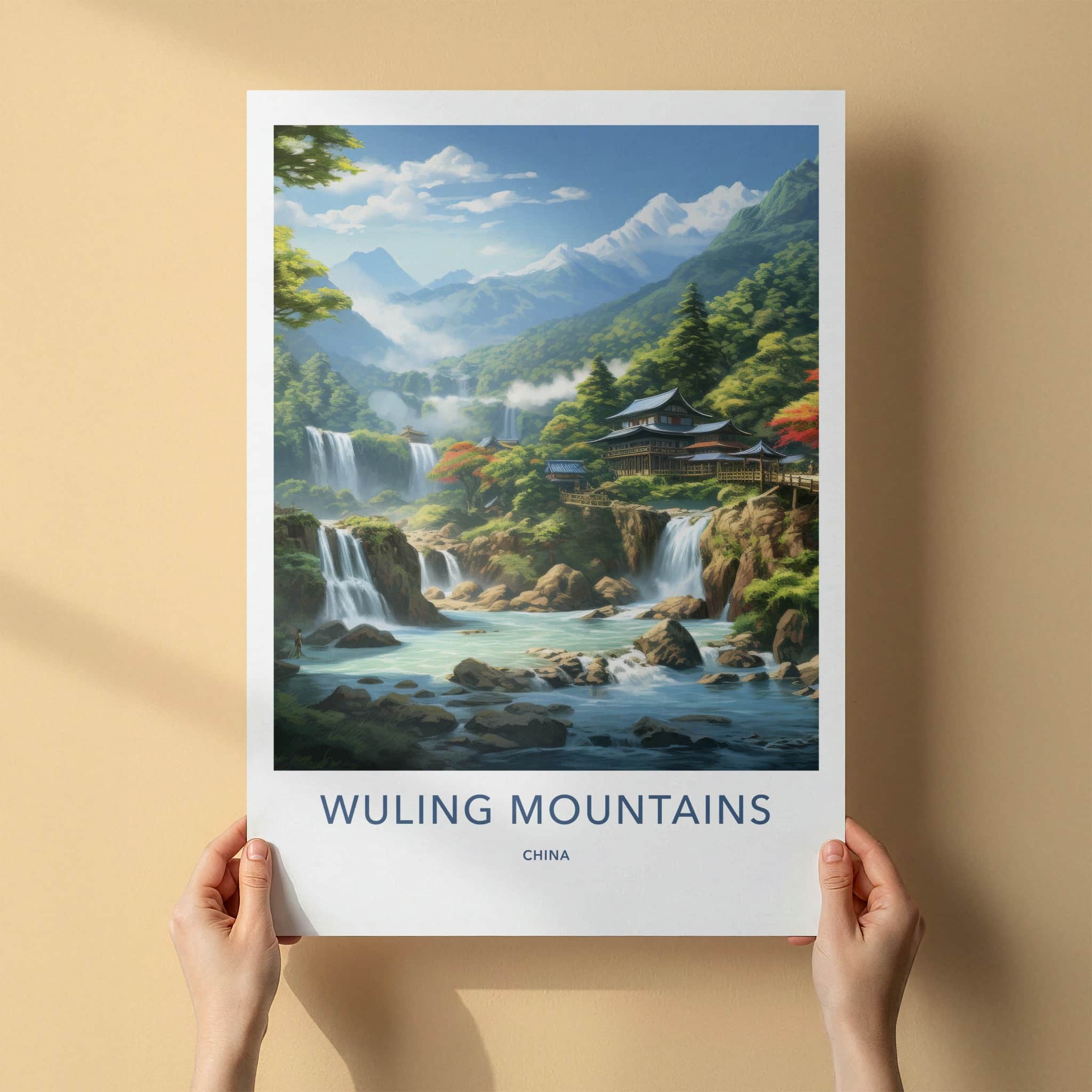 Wuling Mountains Poster - China Travel Art - Mountain Waterfalls Pagoda Home Decor