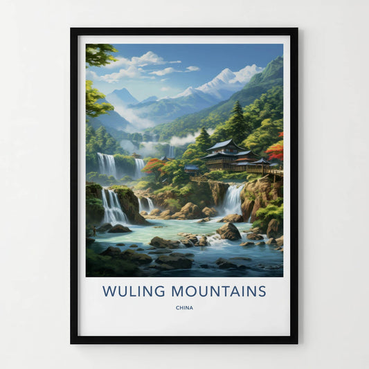 Wuling Mountains Poster - China Travel Art - Mountain Waterfalls Pagoda Home Decor