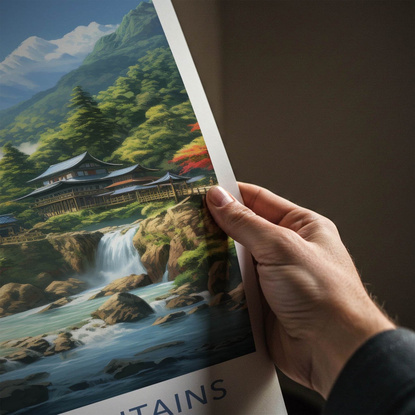 Wuling Mountains Poster - China Travel Art - Mountain Waterfalls Pagoda Home Decor