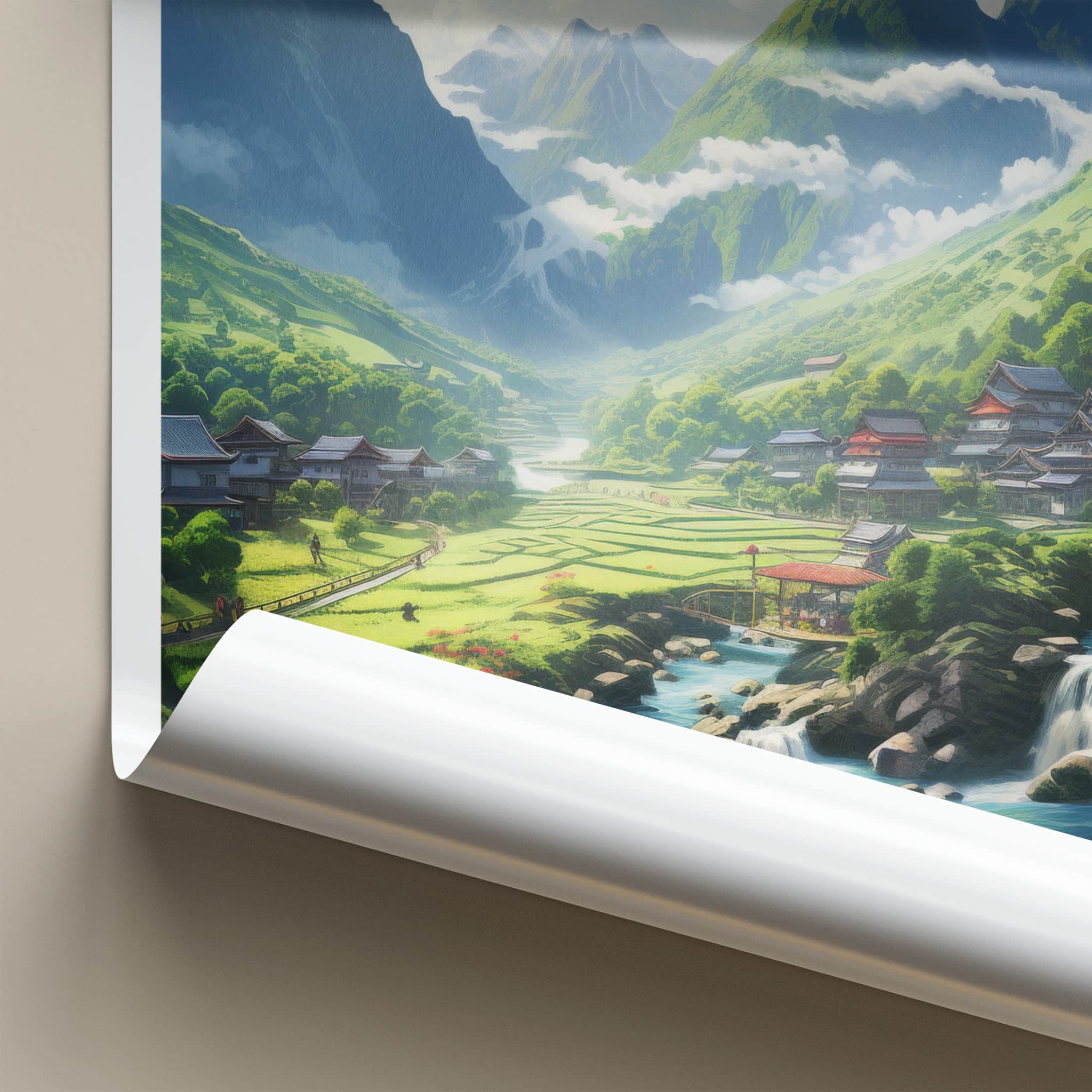Wuling Mountains Poster - China Travel Art - River Village Waterfalls Wall Decor