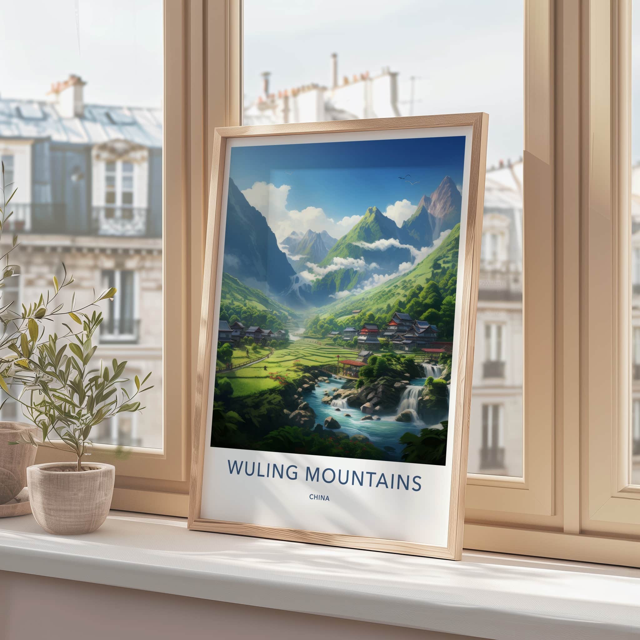 Wuling Mountains Poster - China Travel Art - River Village Waterfalls Wall Decor