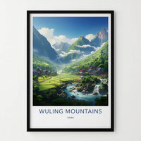 Wuling Mountains Poster - China Travel Art - River Village Waterfalls Wall Decor