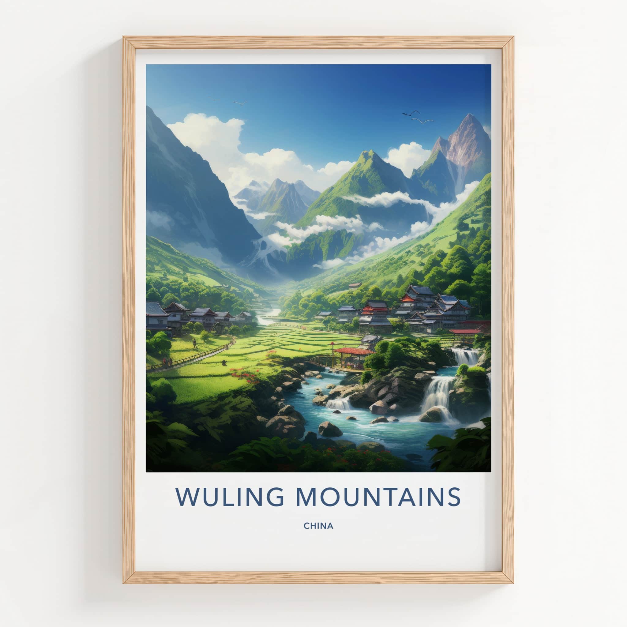 Wuling Mountains Poster - China Travel Art - River Village Waterfalls Wall Decor