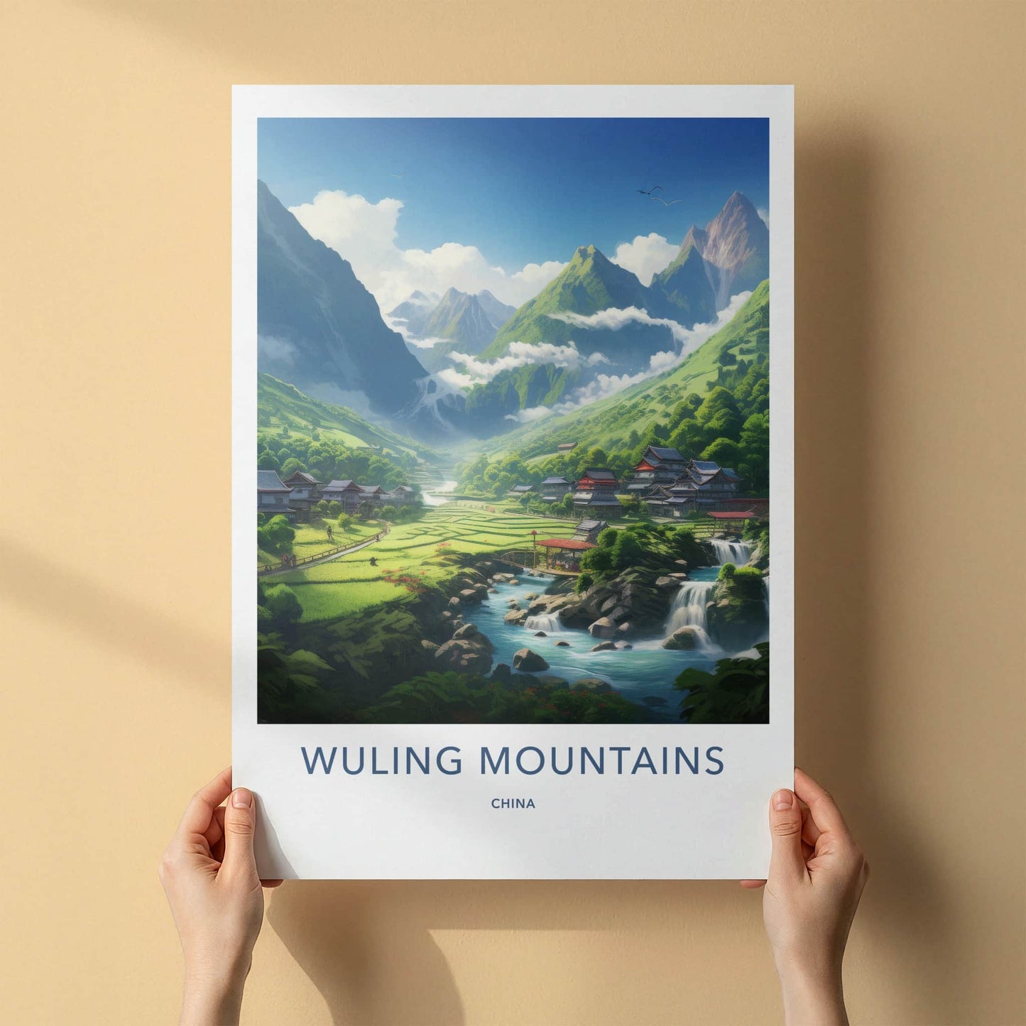 Wuling Mountains Poster - China Travel Art - River Village Waterfalls Wall Decor