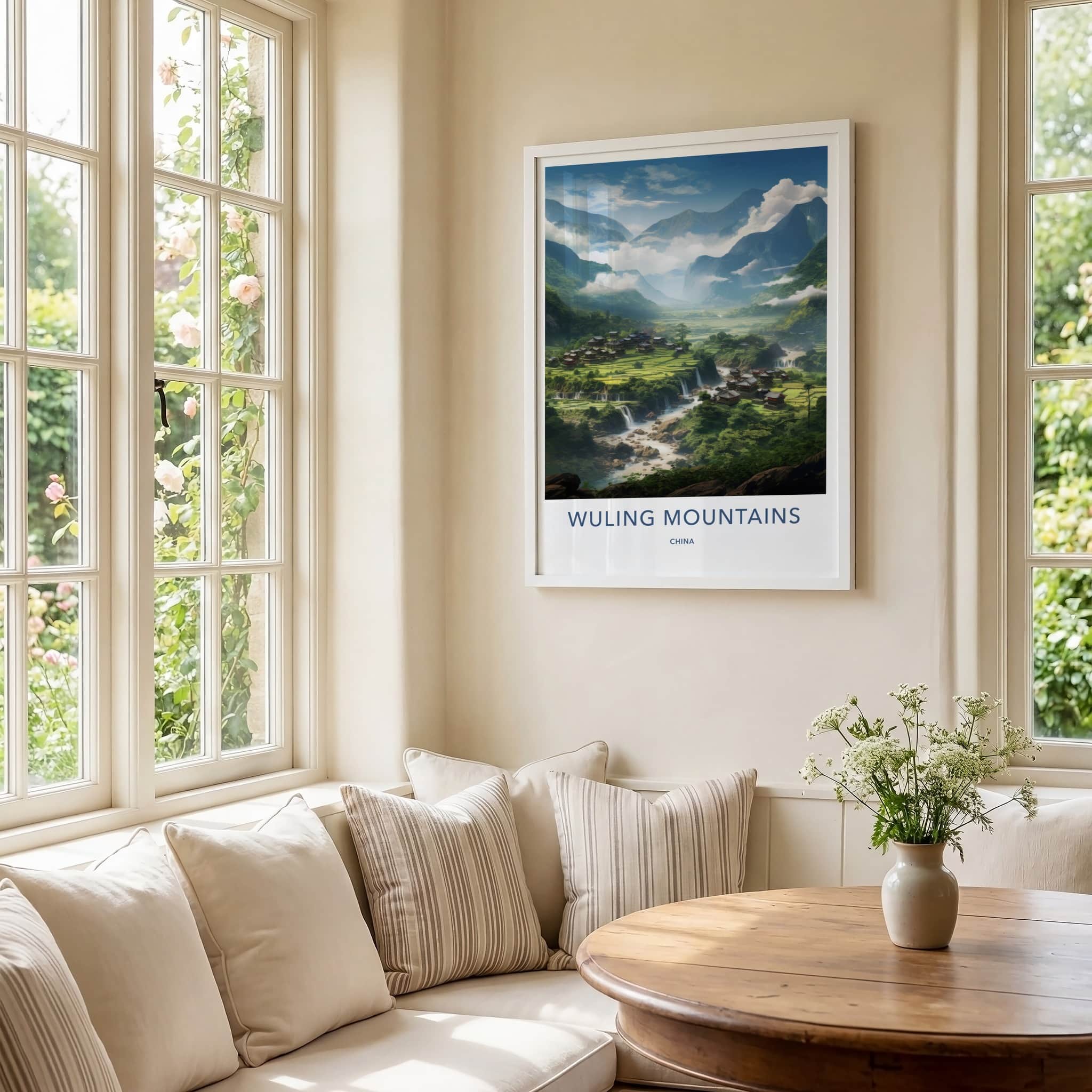 Wuling Mountains Poster - China Wall Art - Mountain Village Waterfalls Home Decor