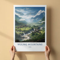 Wuling Mountains Poster - China Wall Art - Mountain Village Waterfalls Home Decor
