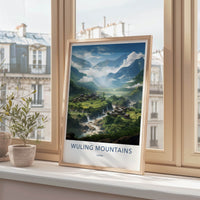 Wuling Mountains Poster - China Wall Art - Mountain Village Waterfalls Home Decor