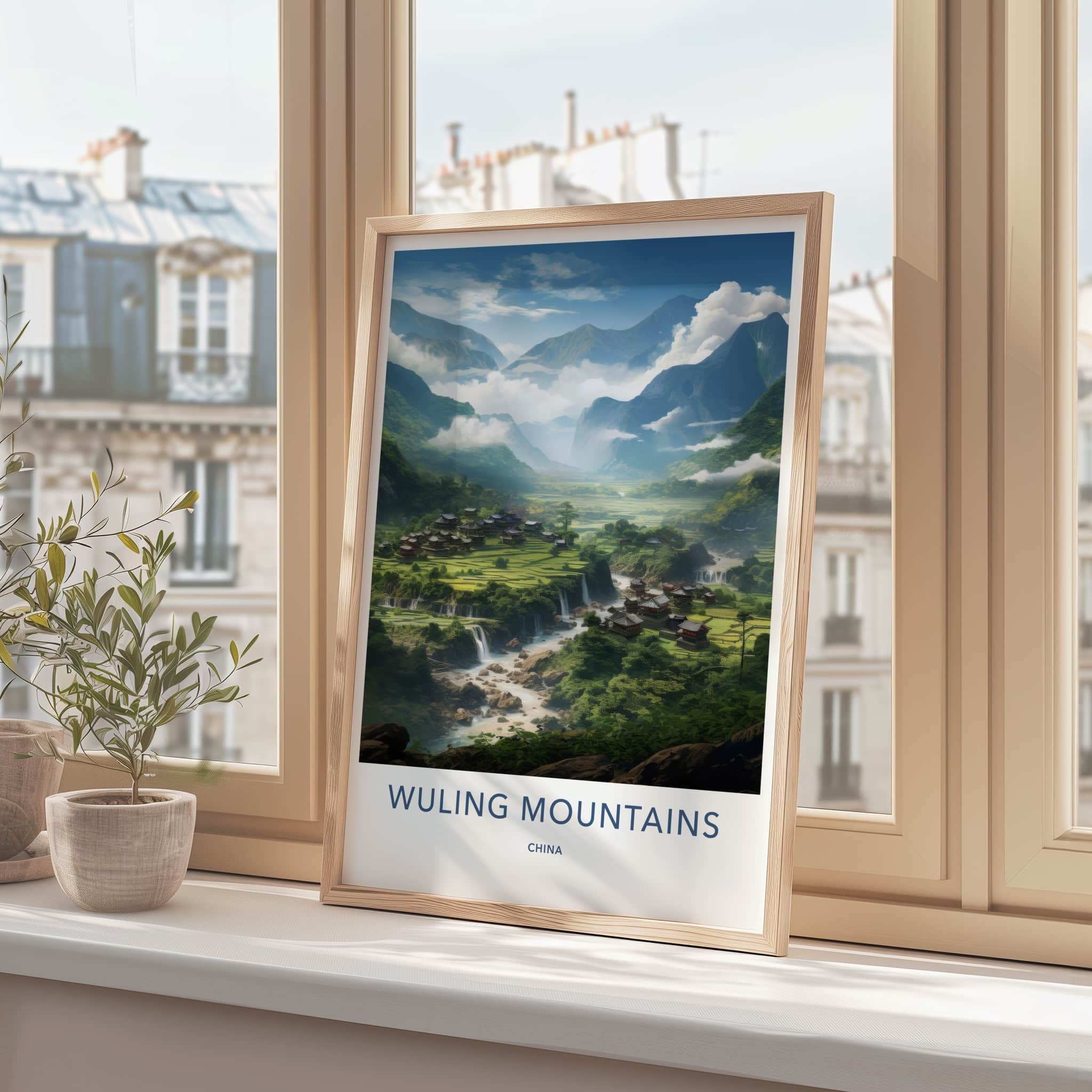 Wuling Mountains Poster - China Wall Art - Mountain Village Waterfalls Home Decor
