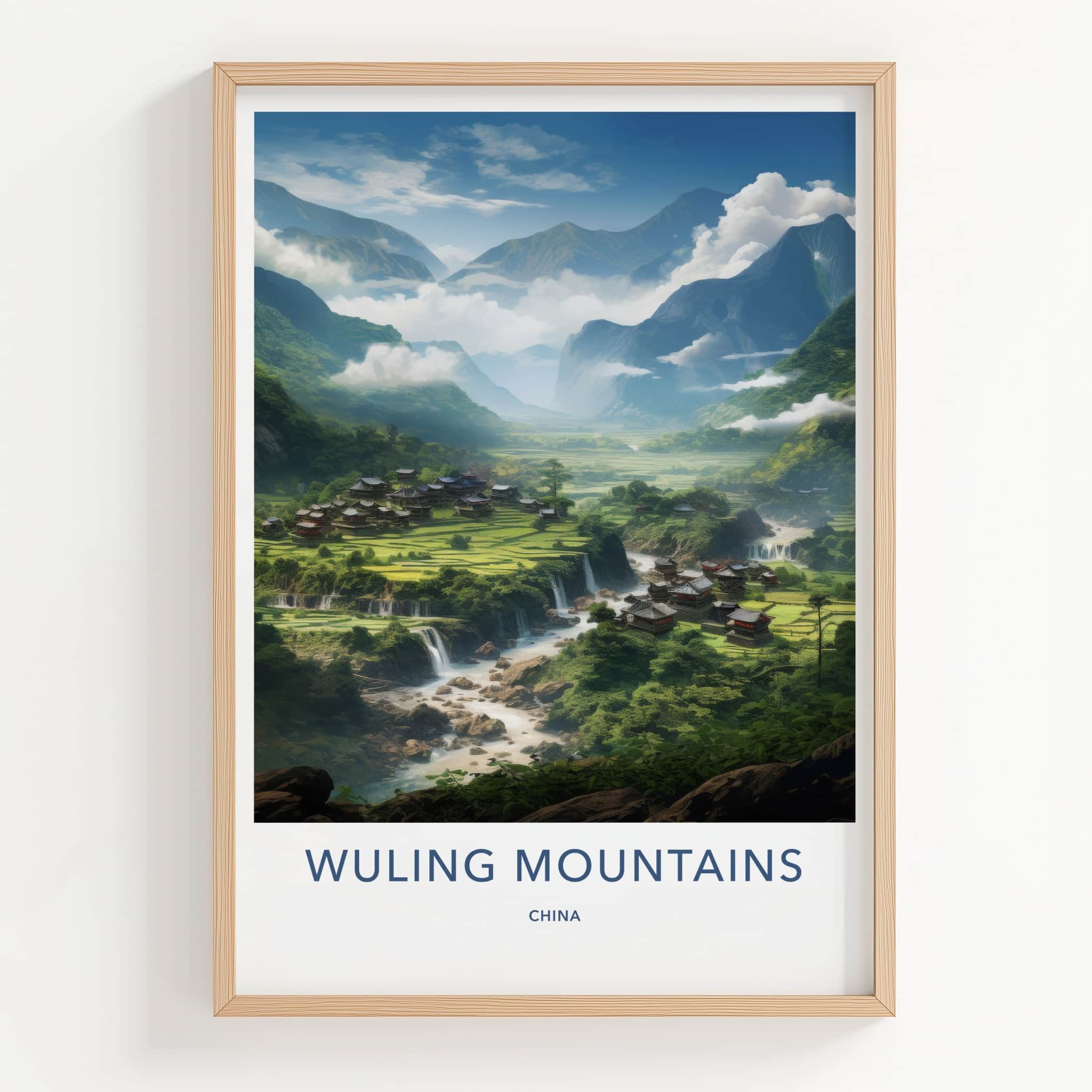 Wuling Mountains Poster - China Wall Art - Mountain Village Waterfalls Home Decor