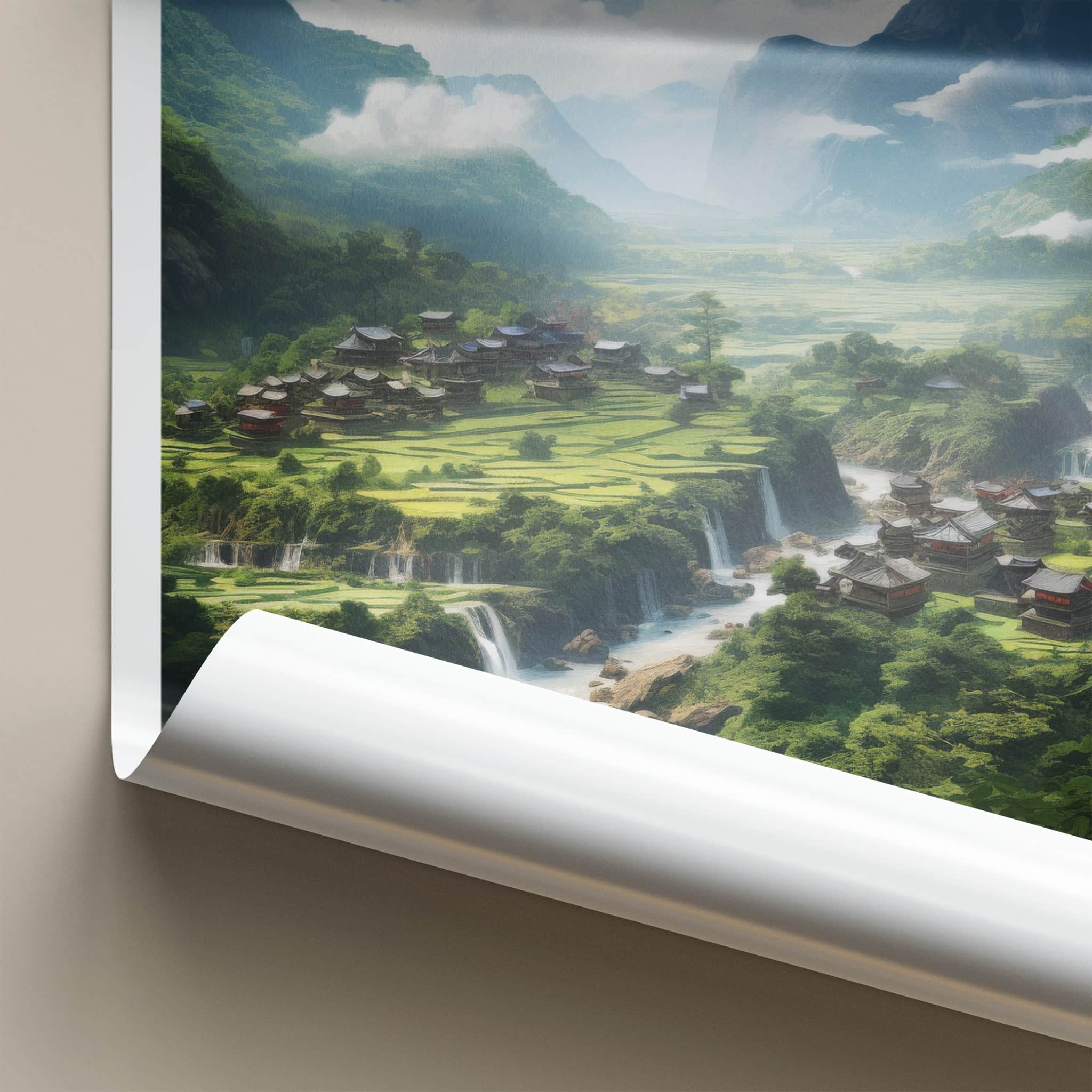Wuling Mountains Poster - China Wall Art - Mountain Village Waterfalls Home Decor
