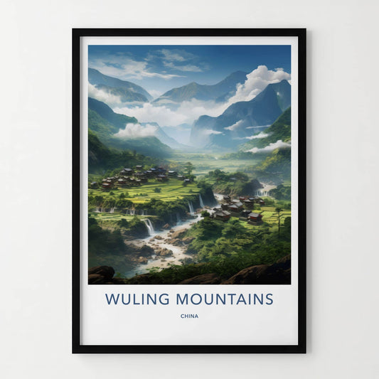 Wuling Mountains Poster - China Wall Art - Mountain Village Waterfalls Home Decor