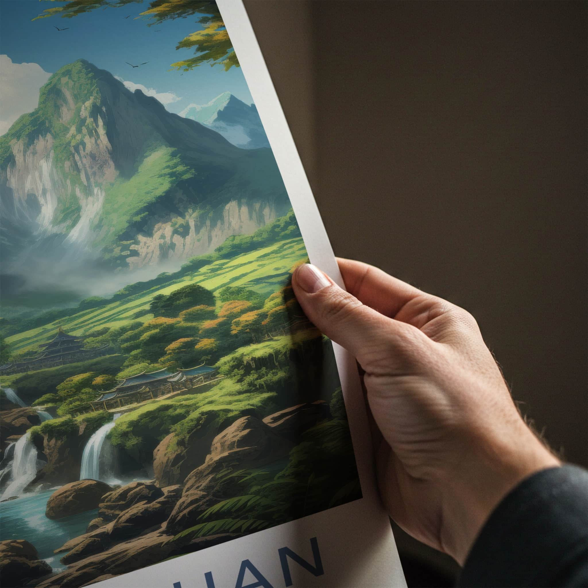 WULING SHAN Poster - China Travel Art - Green Mountain Village Home Decor