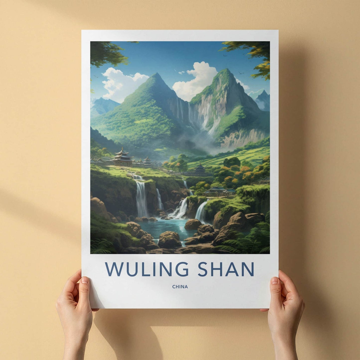 WULING SHAN Poster - China Travel Art - Green Mountain Village Home Decor