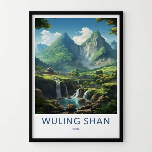 WULING SHAN Poster - China Travel Art - Green Mountain Village Home Decor