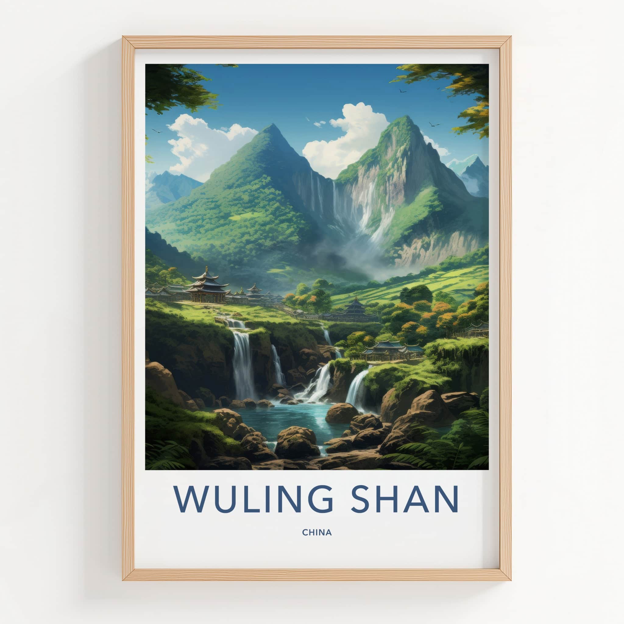 WULING SHAN Poster - China Travel Art - Green Mountain Village Home Decor