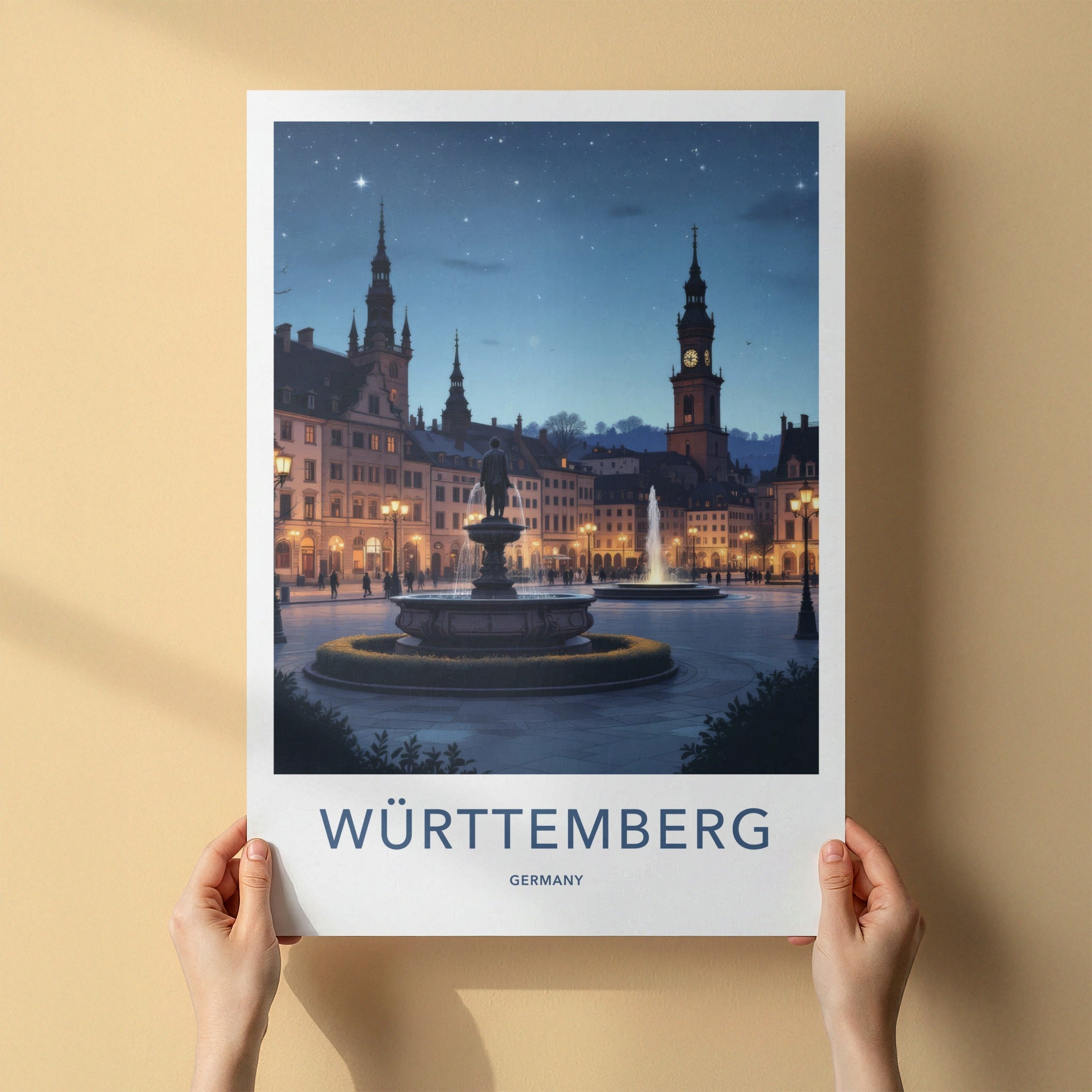 Wurttemberg Poster - Germany Travel Print - Illuminated Town Square Home Decor