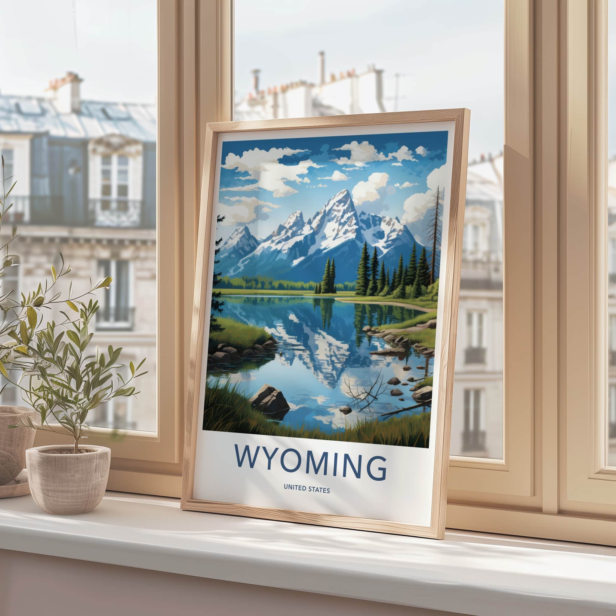 Wyoming Poster - Wyoming Travel Art - Snowy Mountain Lake Home Decor