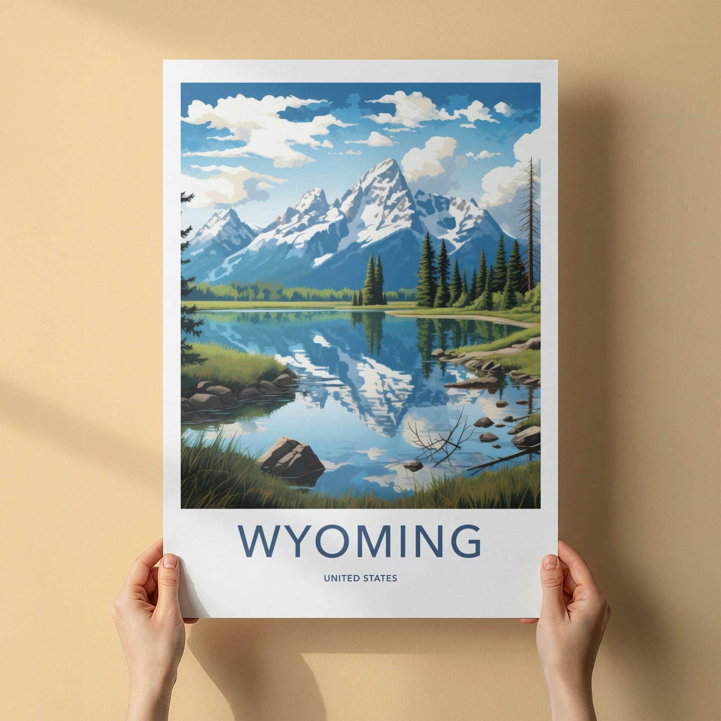 Wyoming Poster - Wyoming Travel Art - Snowy Mountain Lake Home Decor