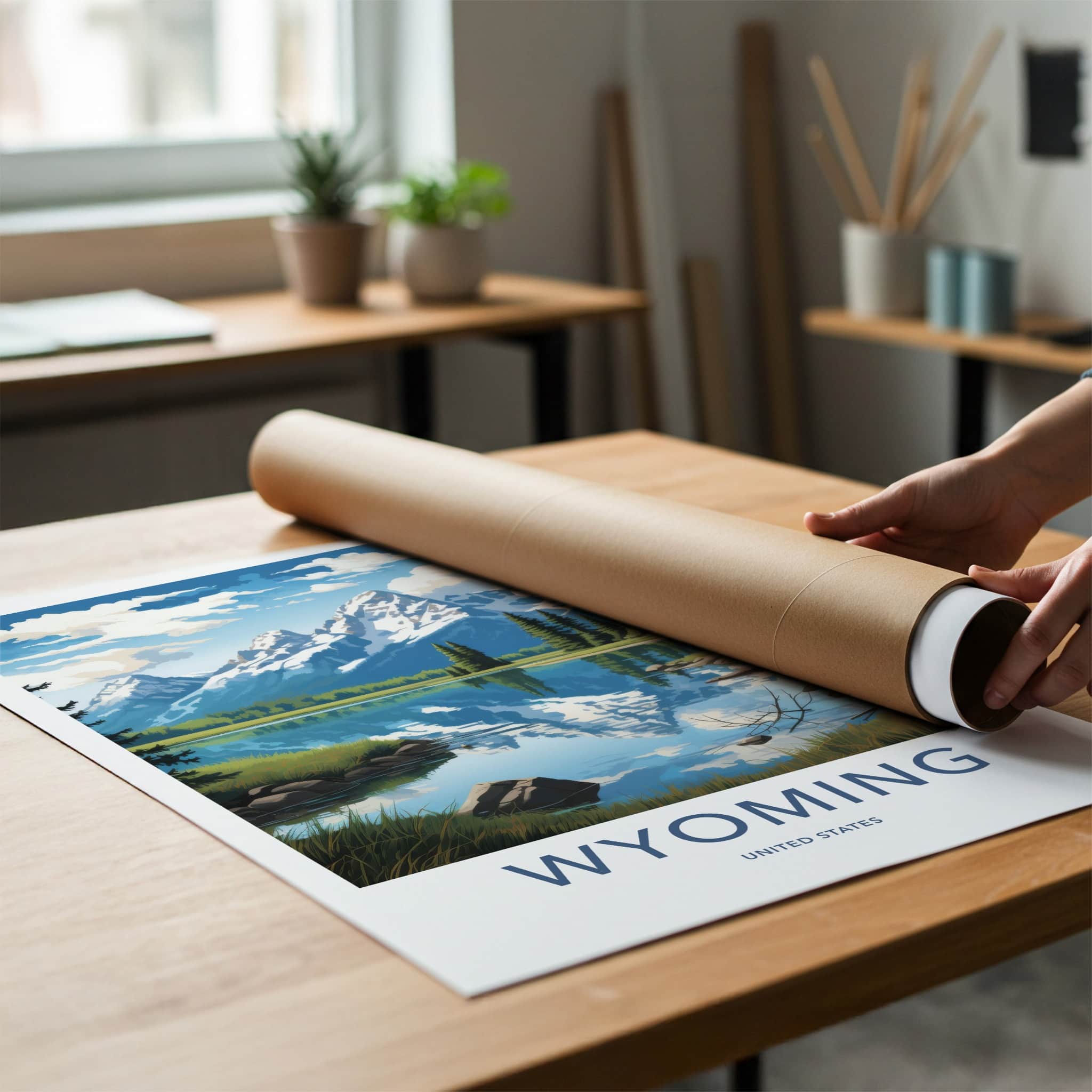 Wyoming Poster - Wyoming Travel Art - Snowy Mountain Lake Home Decor