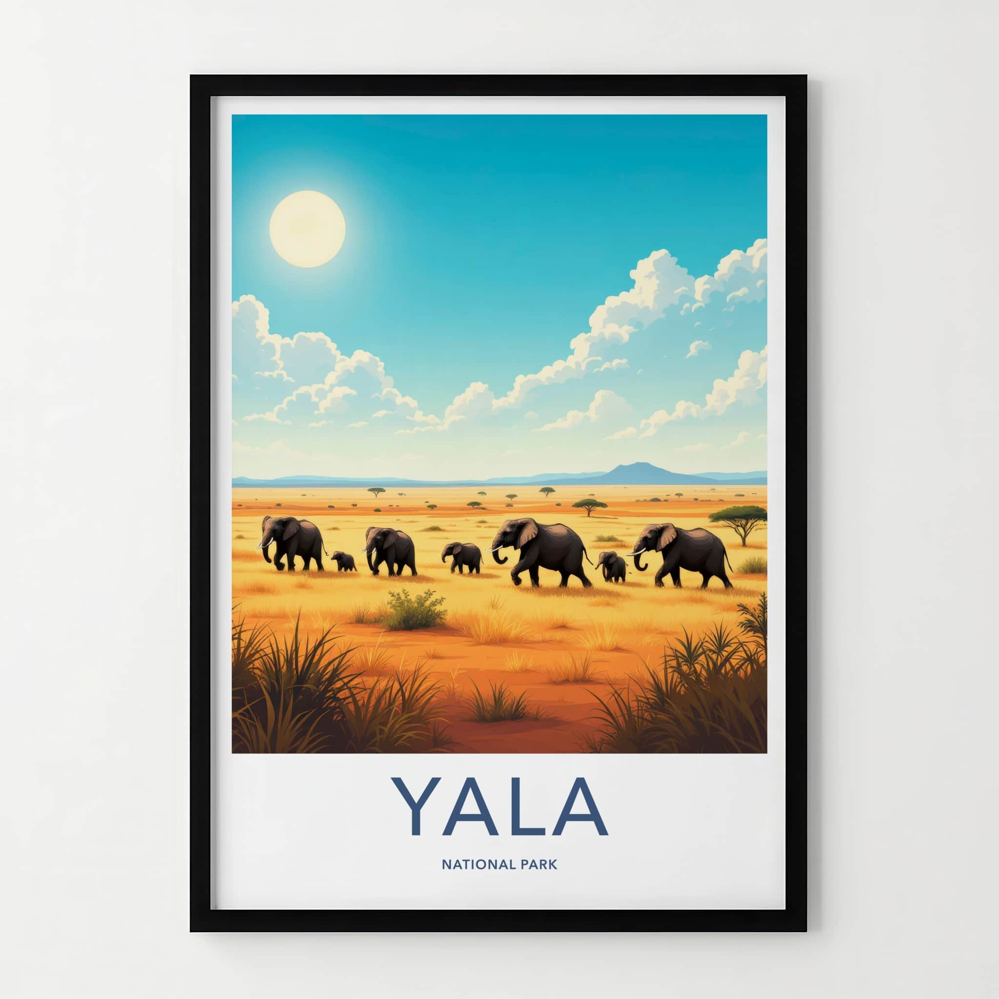 Yala National Park Poster - Sri Lanka Travel Art - Elephants Savannah Sun Home Decor
