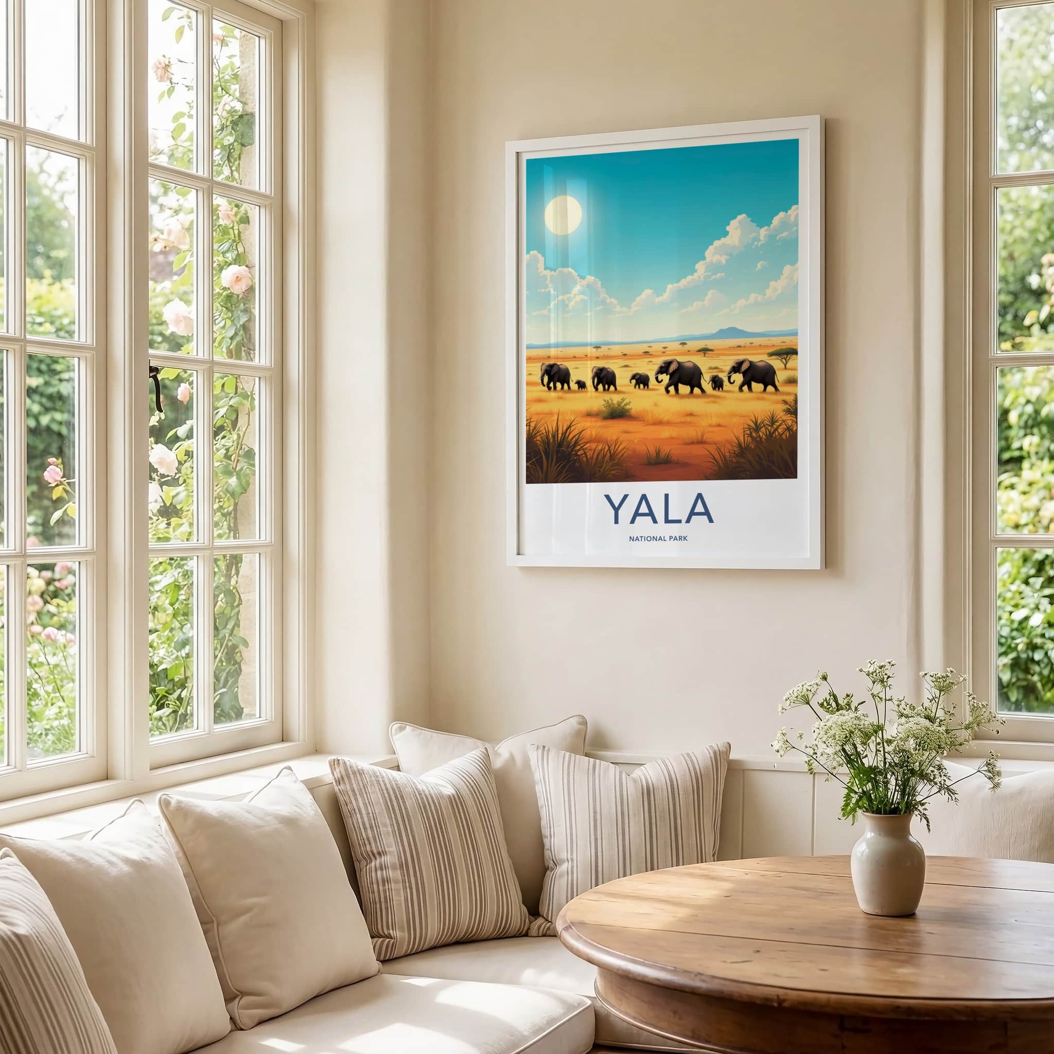 Yala National Park Poster - Sri Lanka Travel Art - Elephants Savannah Sun Home Decor