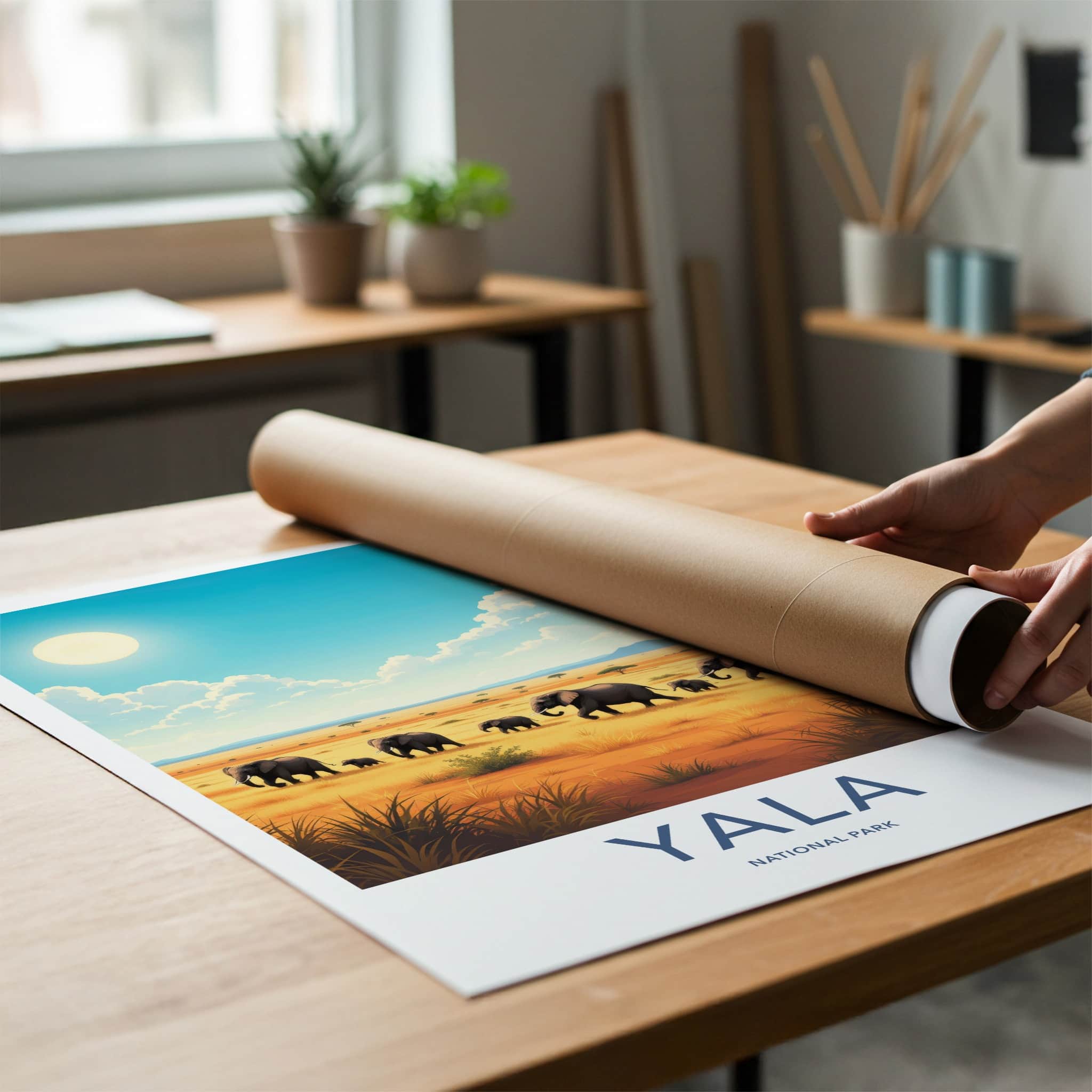 Yala National Park Poster - Sri Lanka Travel Art - Elephants Savannah Sun Home Decor