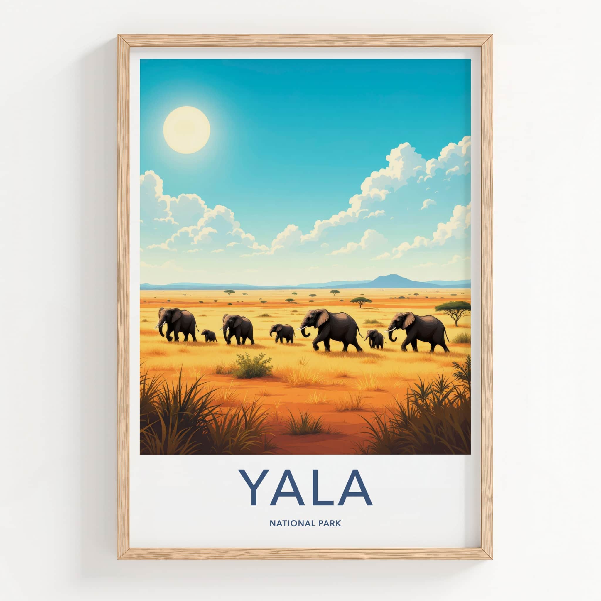 Yala National Park Poster - Sri Lanka Travel Art - Elephants Savannah Sun Home Decor