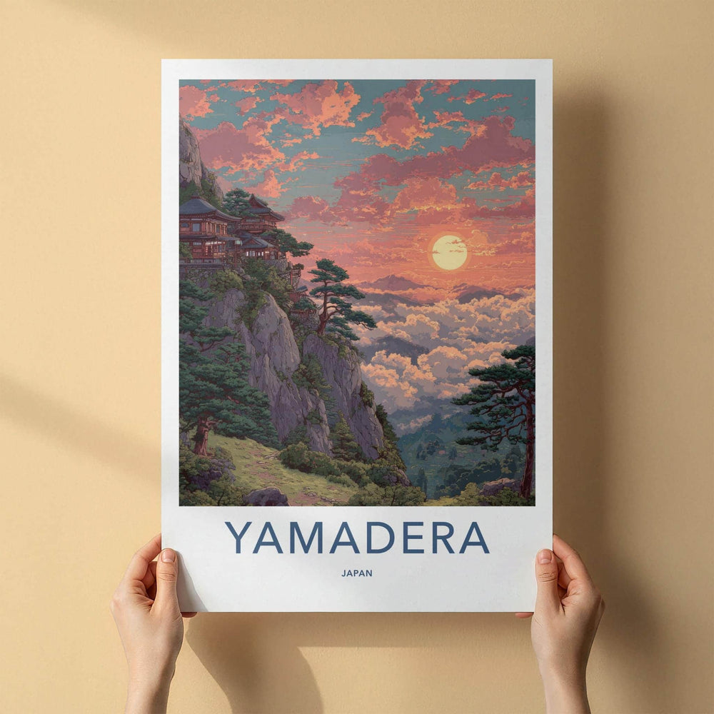 Yamadera Poster - Japan Travel Art - Mountain Temple Sunset Home Decor