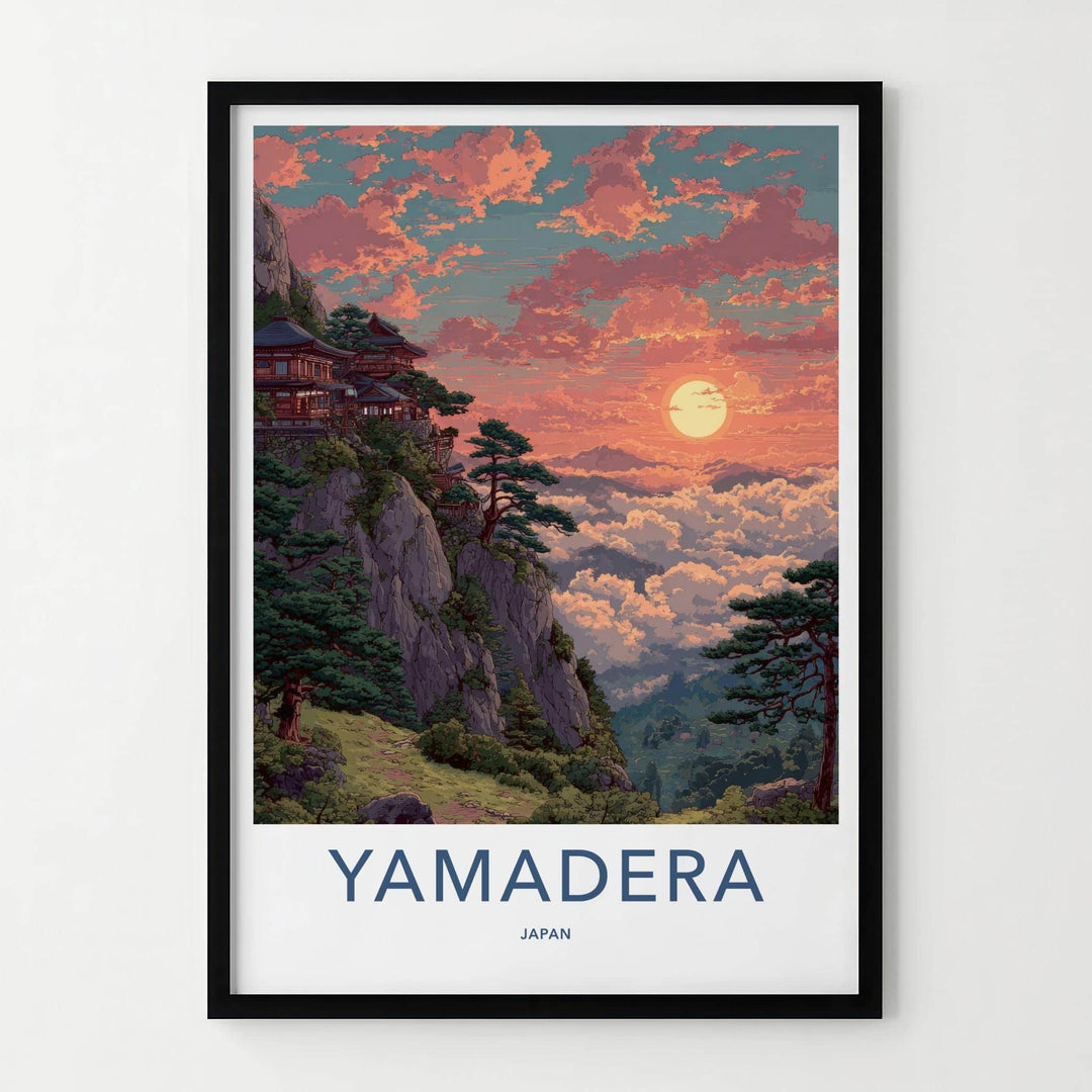 Yamadera Poster - Japan Travel Art - Mountain Temple Sunset Home Decor