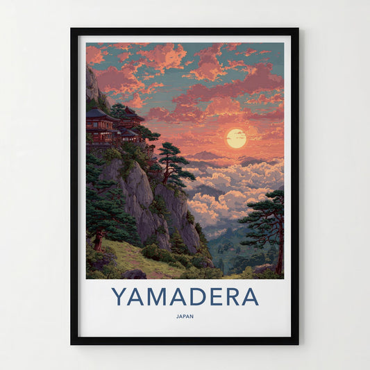 Yamadera Poster - Japan Travel Art - Mountain Temple Sunset Home Decor