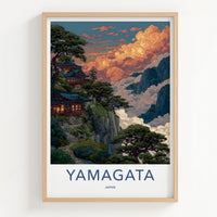 Yamagata Poster - Japan Art Print - Cloudy Mountain Temple Home Decor