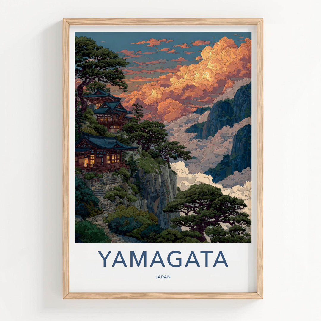 Yamagata Poster - Japan Art Print - Cloudy Mountain Temple Home Decor