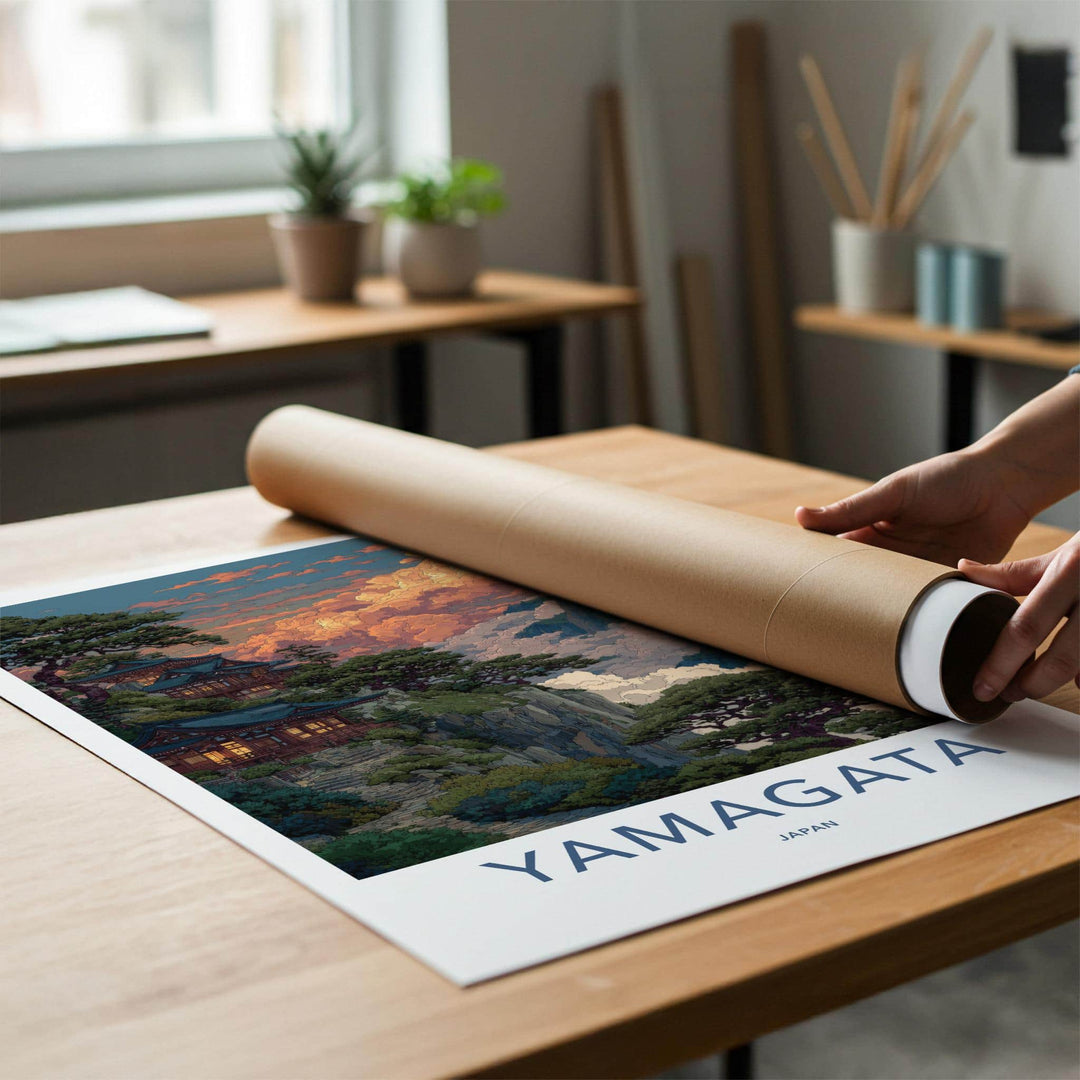 Yamagata Poster - Japan Art Print - Cloudy Mountain Temple Home Decor
