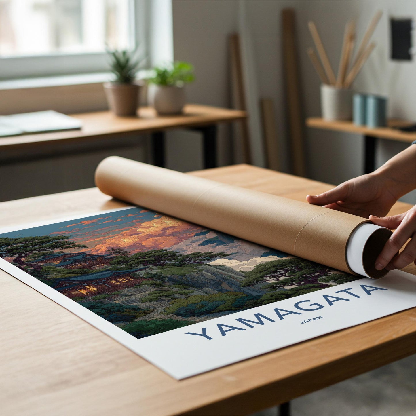 Yamagata Poster - Japan Art Print - Cloudy Mountain Temple Home Decor